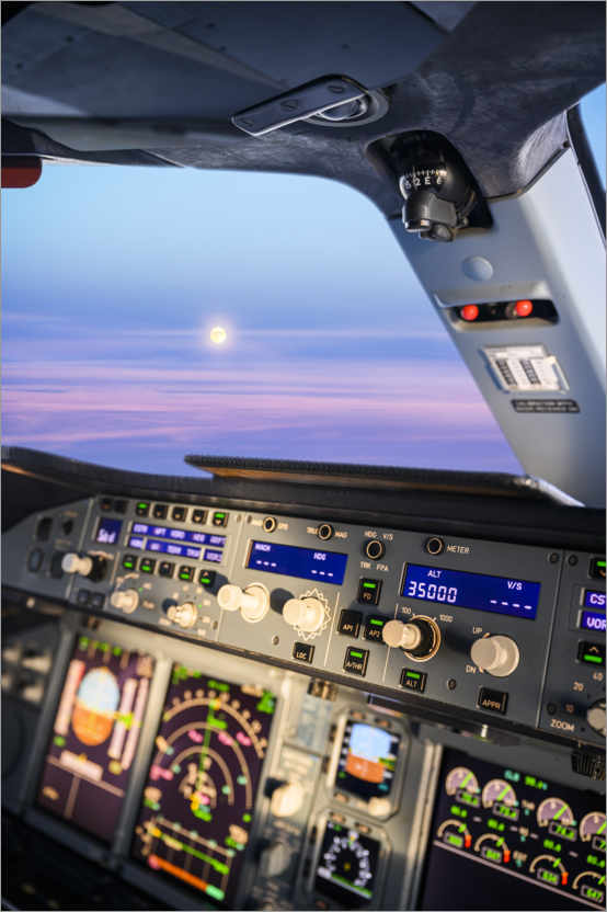 Premium poster Airbus A380 cockpit with rising moon