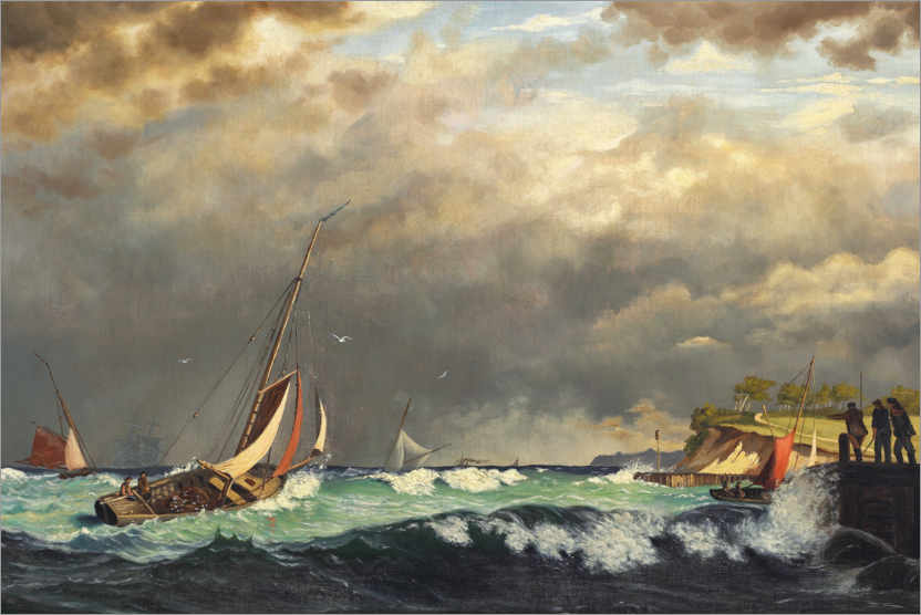 Poster Sailing boats in front of a harbor in stormy weather