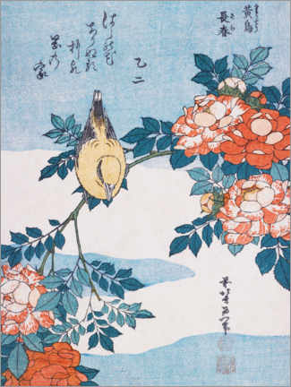 Poster  Warbler and roses - Katsushika Hokusai