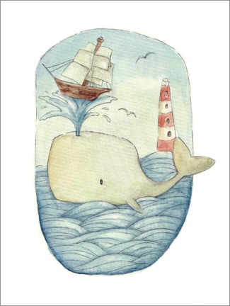 Hout print  Cute Whale in the Sea - Mike Koubou