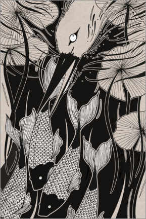 Canvas print  Catch - Japanese heron and koi carp pond - Chromakane