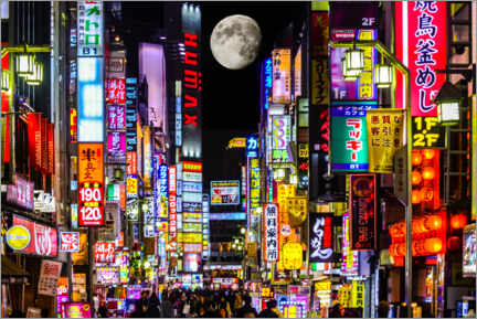 Hout print  Neon advertising on Kabukicho Street and full moon, Tokyo - HADYPHOTO