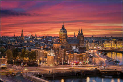 Hout print  Skyline of Amsterdam at night, Netherlands - Michael Abid