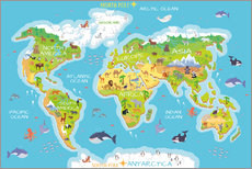Muursticker  Wereldkaart met dieren (Engels) - Kidz Collection