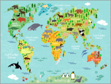 Poster Wereldkaart der dieren (Duits)