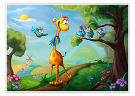 Premium poster Giraffe with funny birds