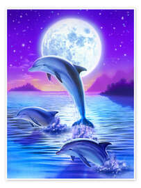 Poster  Dolfijnen bij volle maan - Robin Koni