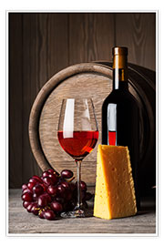 Poster  Rode wijn met kaas en druiven