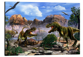 Aluminium print  Two T-Rex dinosaurs fighting over a dead carcass. - Kurt Miller
